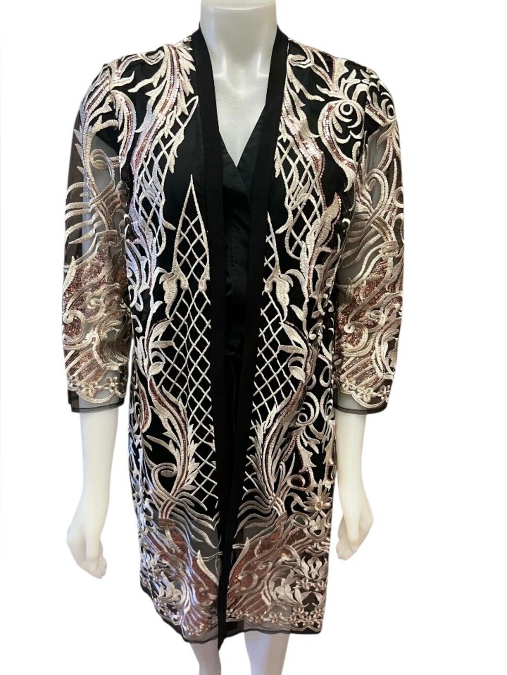 R&M Richards Embroidered Duster Jacket EUC Black, White, and Gold Size 8